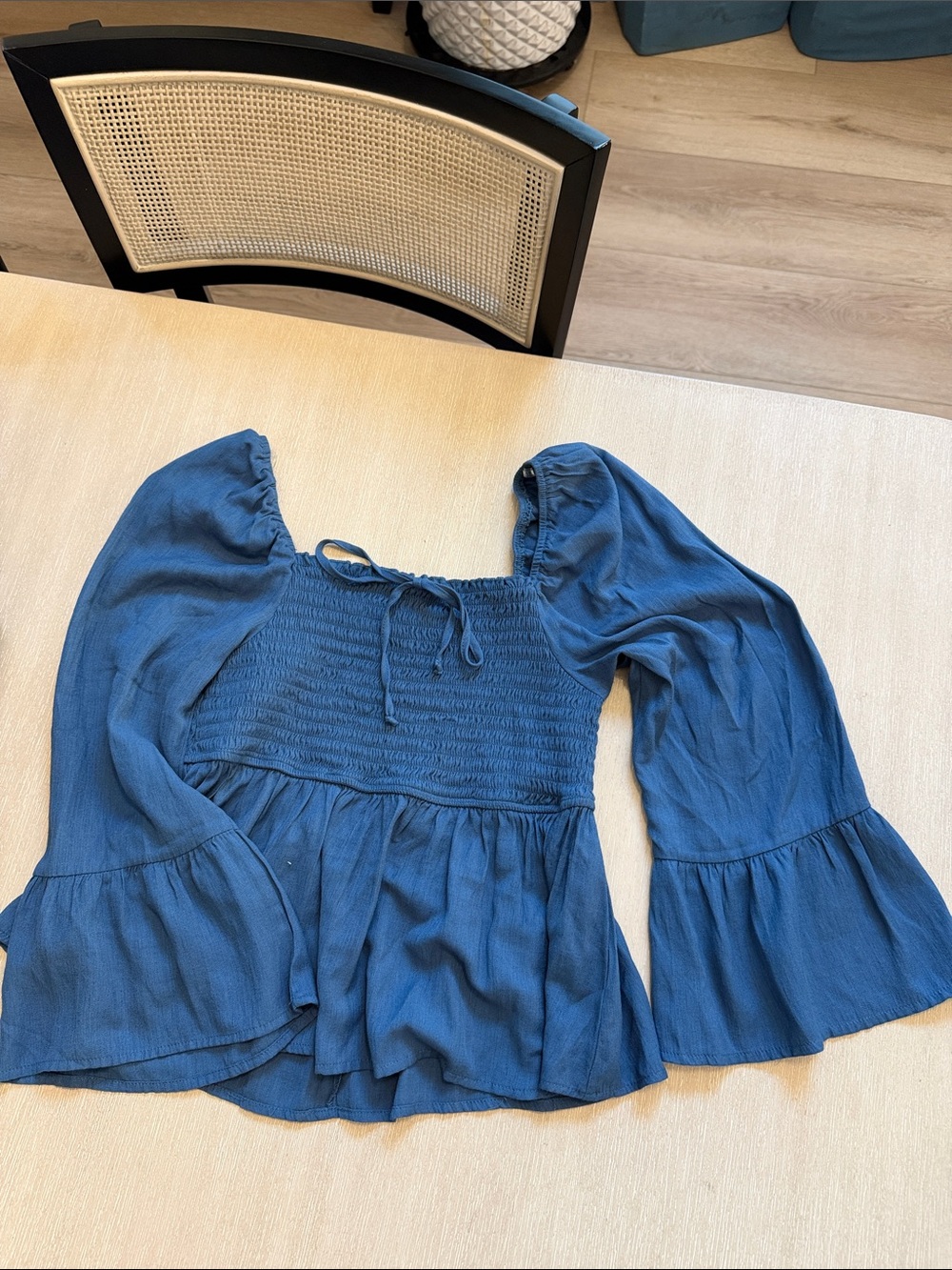 Smocked Blue Peasant Blouse with Bell Sleeves